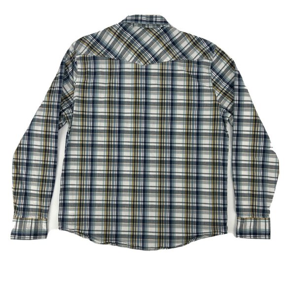 Mens Lucky Brand Saturday Stretch Long Sleeve Pearl Snap Shirt Blue Plaid L - Picture 5 of 9